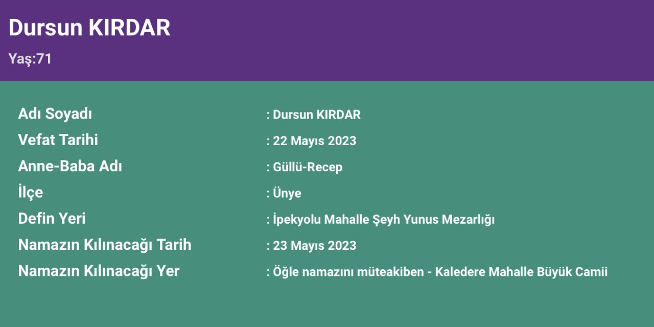 ORDU İLİ İLÇELERİ VEFATLAR 23 MAYIS 2023 SALI