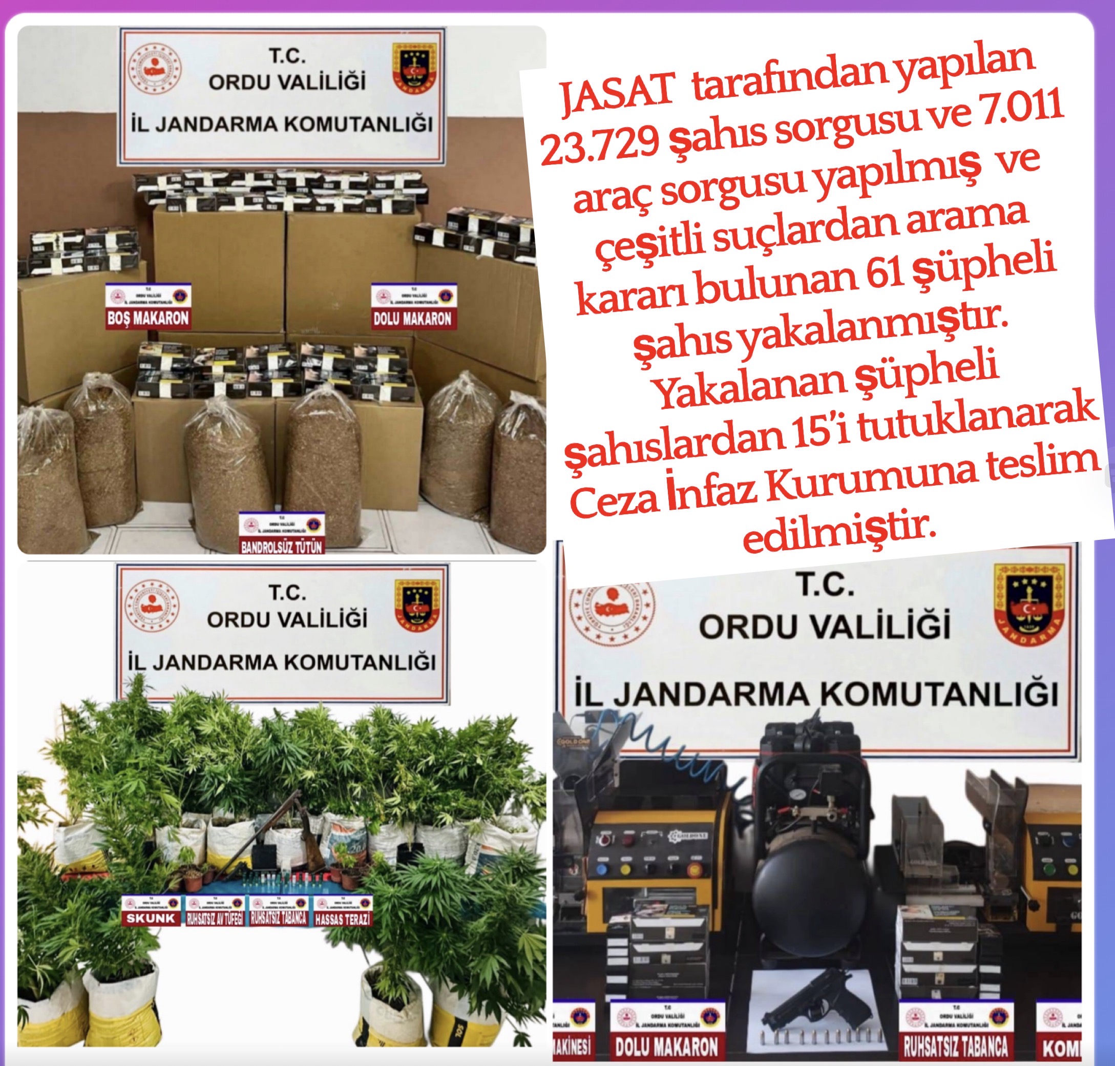 ORDU VALILIĞI AÇIKLADI ; 61 ŞÜPHELI ŞAHIS YAKALANDI