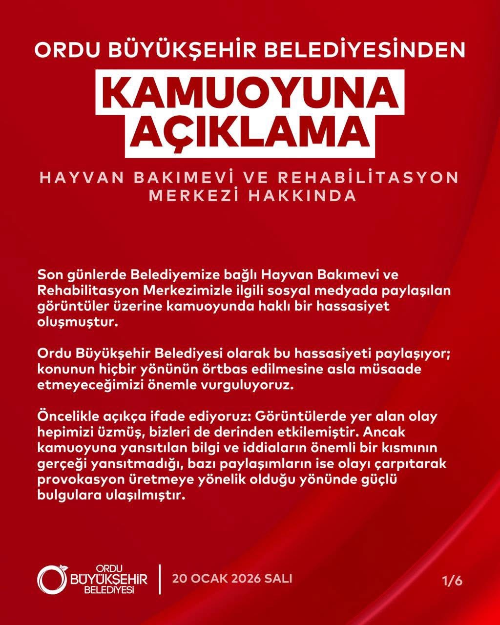 ORDU BÜYÜKŞEHIR BELEDIYESI SON GÜNLERDE HAYVAN BARINAĞII'NDA OLAN VE TEPKILERE YOL GELIŞMELER HAKKINDA KAMUOYU AÇIKLAMASI