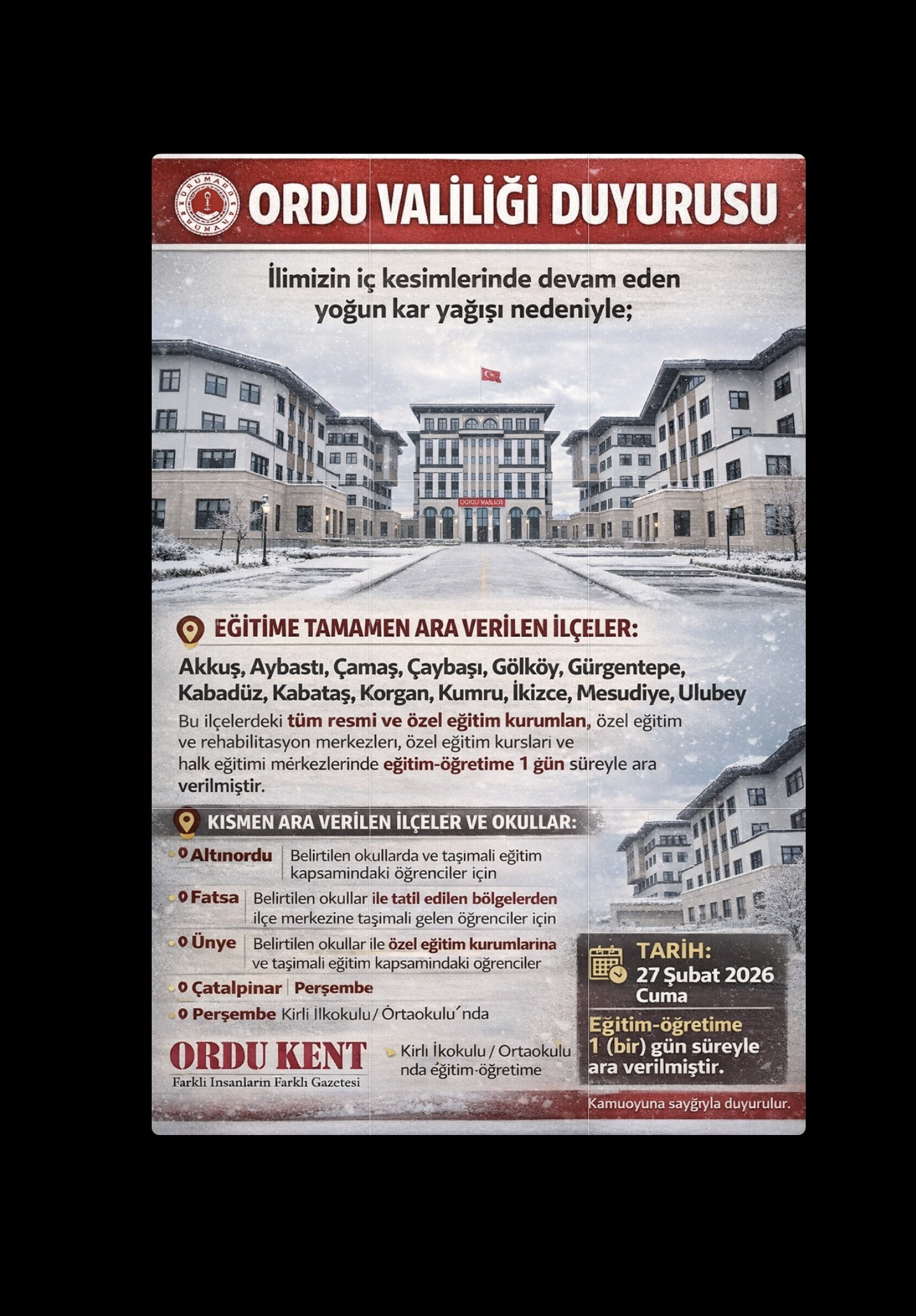 DIKKAT BAZI ILÇELERDE OKULLAR TATIL EDILDI