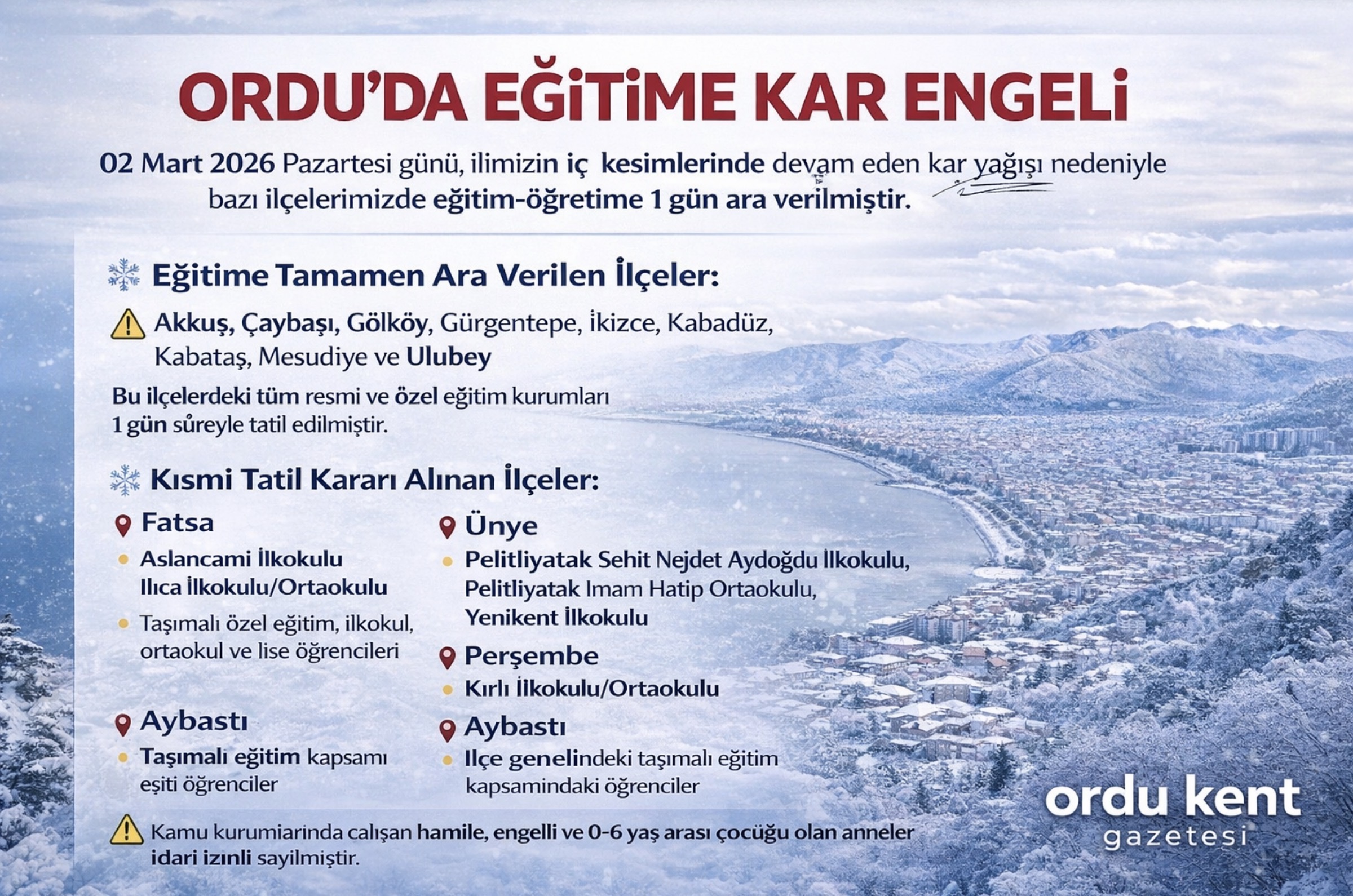 ORDU’DA EĞİTİME KAR ENGELİ