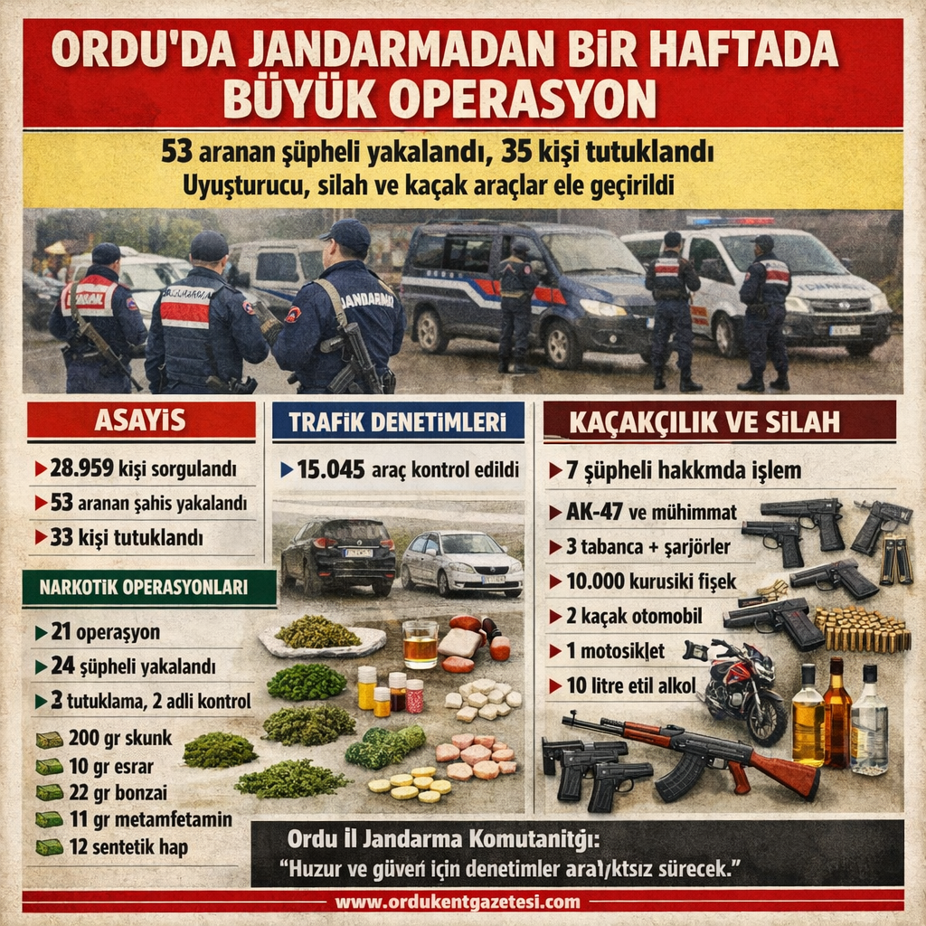ORDU’DA JANDARMADAN BİR HAFTADA YOĞUN DENETİM: 53 ARANAN ŞÜPHELİ YAKALANDI