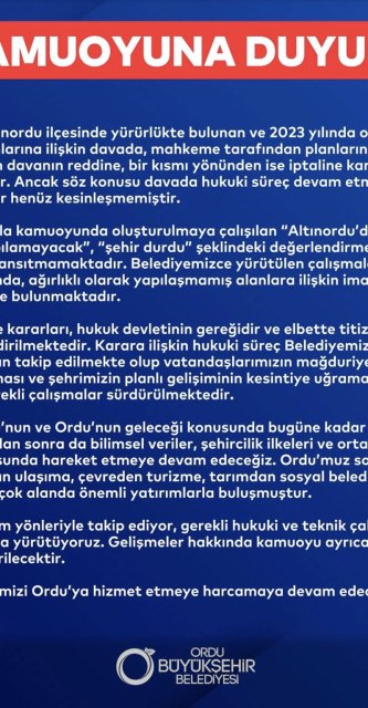 ORDU’DA İMAR TARTIŞMASI: BÜYÜKŞEHİR’DEN “ŞEHİR DURMADI” MESAJI