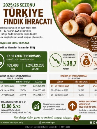 FINDIKTA MİKTAR DÜŞTÜ, GELİR KORUNDU: İHRACAT FİYATI KİLODA 13,08 DOLARA YÜKSELDİ