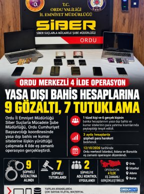 ORDU MERKEZLİ 4 İLDE YASA DIŞI BAHİS OPERASYONU: 7 TUTUKLAMA