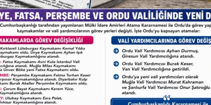 ORDU’DA KAYMAKAM VE VALİ YARDIMCILARINDA KAPSAMLI GÖREV DEĞİŞİKLİĞİ